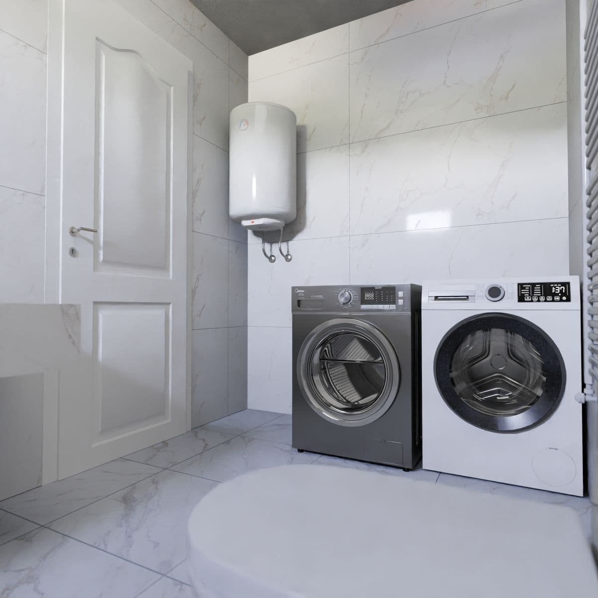 Laundry room in a Dallas-Fort Worth home with a washer, dryer, and water heater on tiled flooring, showing the typical utility room setup where water heater leaks start